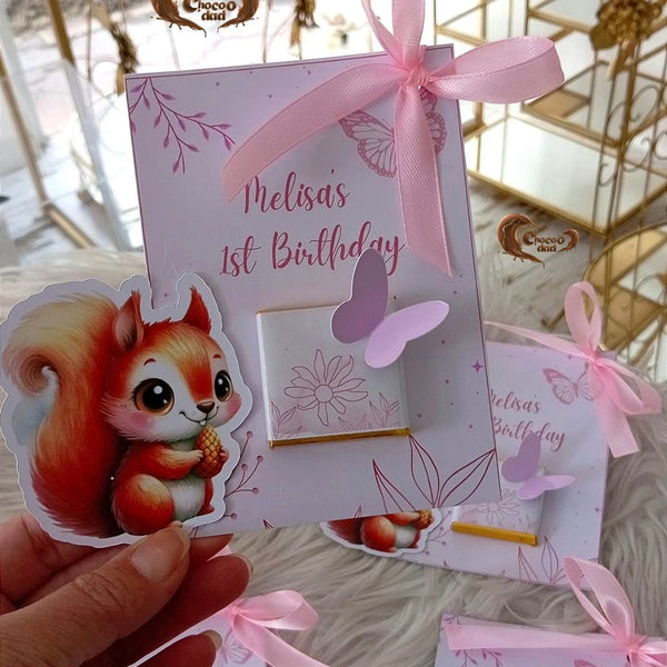 Squirrel-Themed 1st Birthday Chocolate Cards