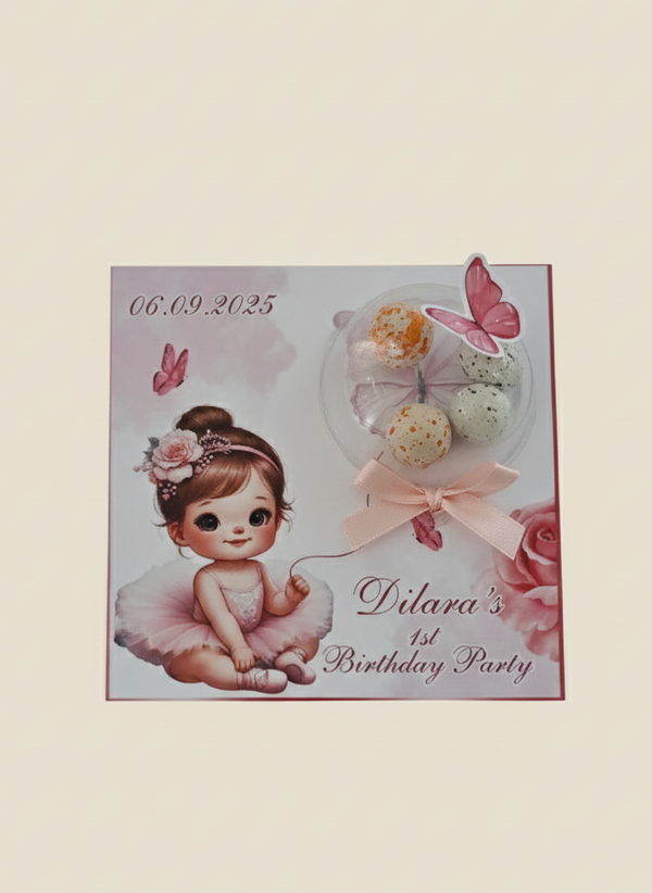 Invitation card for a birthday party with a baby girl design on a light beige background.