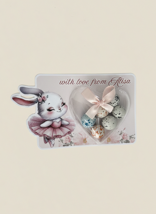 Decorative card with a bunny, eggs, and flowers on a beige background