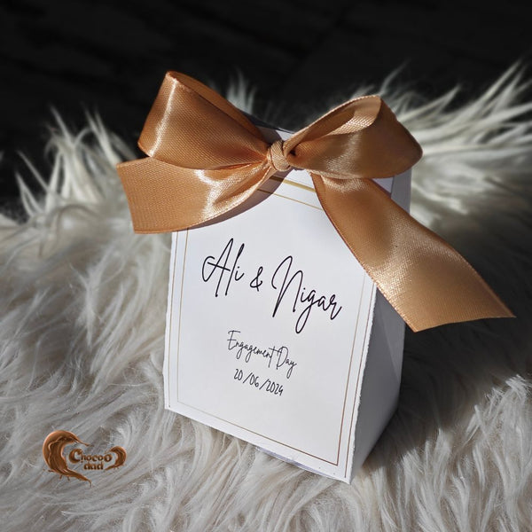 Gold Ribbon Bow-Tied Custom Name Engagement Chocolate Box Favors