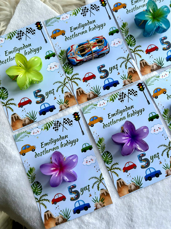 Racing Car & Flower Birthday Accessory Card — Car Toy & Hair Clip — Chocoodad Baku