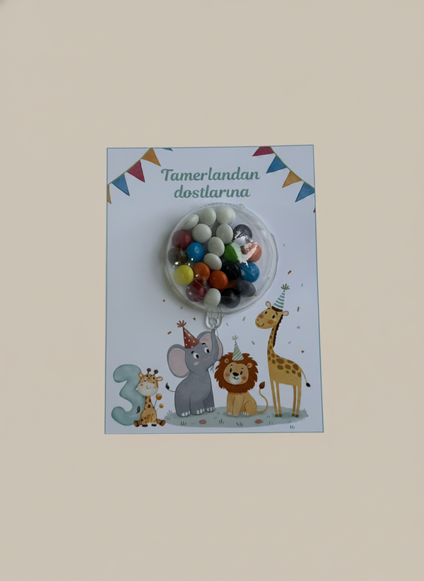 Safari Animal Birthday Favour Card — Colourful Dragee Bonbon Dome — Chocoodad Baku
