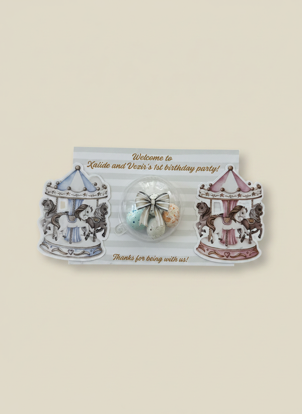 Vintage Carousel Twins 1st Birthday Favour Card β Bonbon Dome Gift β Chocoodad Baku