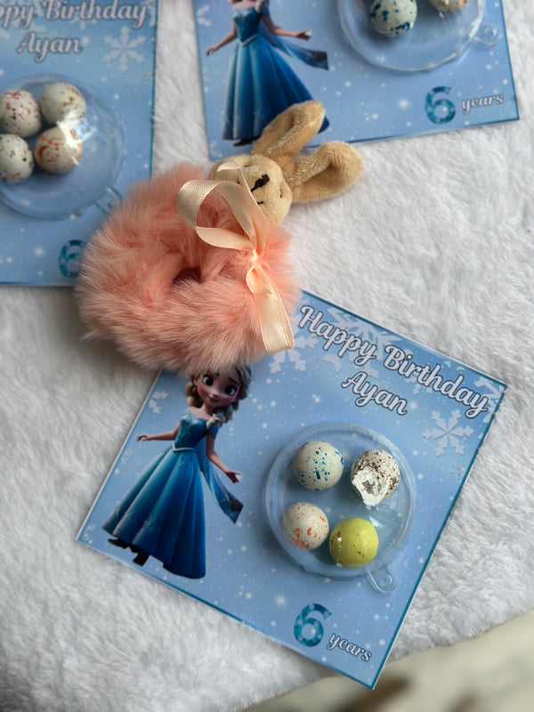 Frozen Elsa Birthday Favour Card — Puffy Bunny Hair Clip & Bonbon — Chocoodad Baku