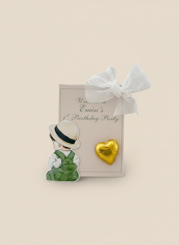 Vintage Boy 1st Birthday Favour Card — Gold Heart Chocolate & Organza Bow — Chocoodad Baku