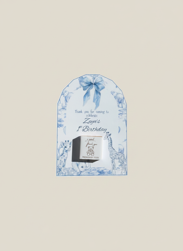Blue Safari Toile Baby 1st Birthday Favour Card — Personalised Chocolate — Chocoodad Baku