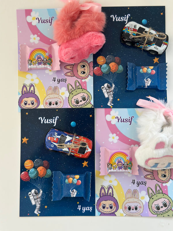 Space & Labubu Birthday Accessory Card — Car Toy & Puffy Hair Clip Gift — Chocoodad Baku