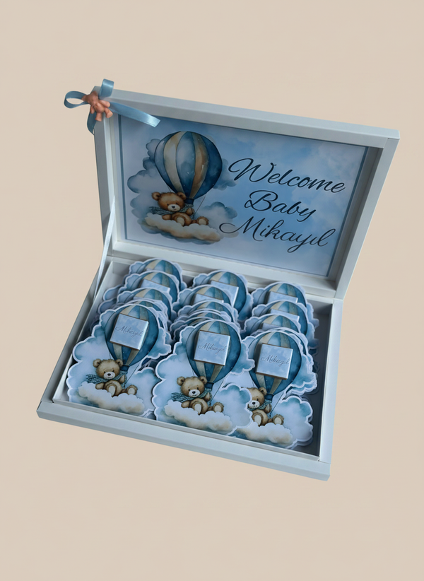 Blue Teddy Bear Hot Air Balloon Newborn Shadow Box — 24 Chocolate Cards & Box — Chocoodad Baku