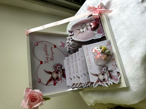 Pink Bunny Baby Girl Welcome Hamper — Bonbon & Chocolate Shadow Box — Chocoodad Baku