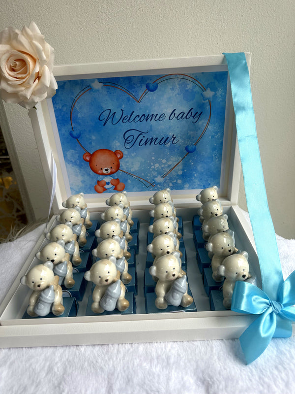Porcelain Teddy Bear Newborn Welcome Box — (20 chocolates with porcelain gift & box) — Chocoodad Baku
