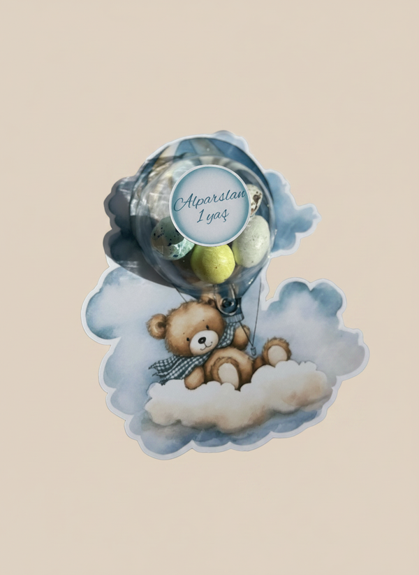 Teddy Bear Hot Air Balloon 1st Birthday Favour Card β Blue Bonbon Dome β Chocoodad Baku
