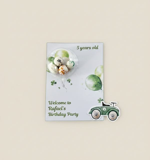 Vintage Car Birthday Favour Card — Bonbon Dome Baby Boy Party Gift — Chocoodad Baku