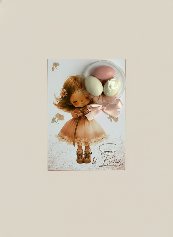 Boho Girl 1st Birthday Favour Card β Speckled Bonbon Dome Gift β Chocoodad Baku