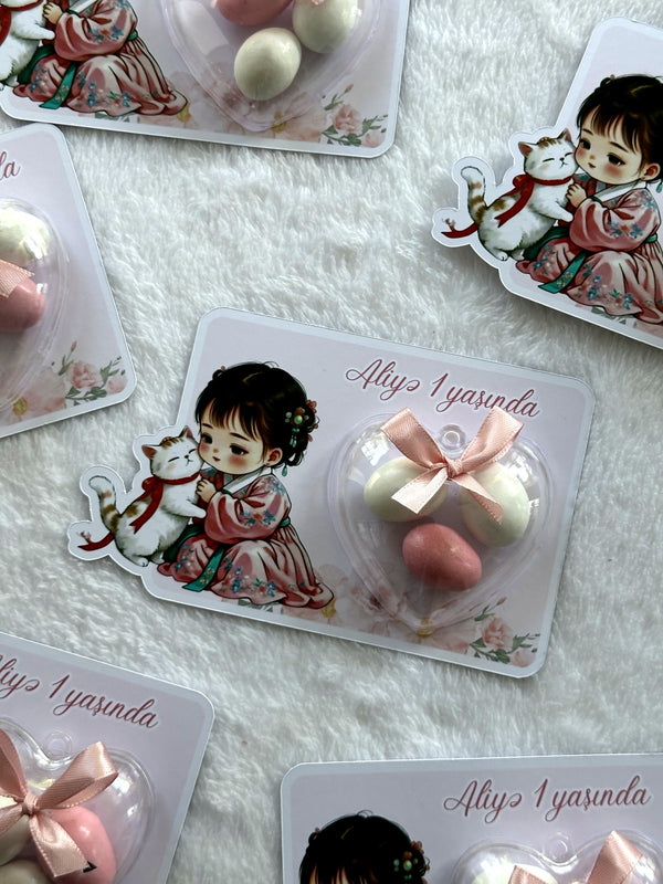 Cat & Heart 1st Birthday Favor Cards – Personalized Chocolate — Chocoodad Baku
