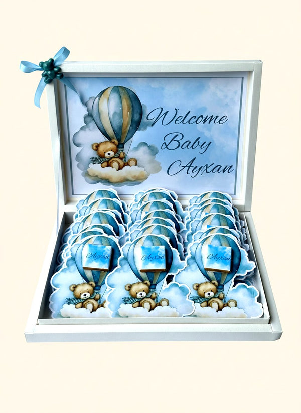 Teddy Bear & Hot Air Balloon Baby Welcome 24 Chocolate Cards & Box – Personalized Chocolate — Chocoodad Baku