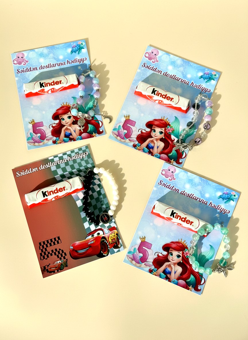 Lightning McQueen & Ariel 5th Birthday Favor Cards with Gifts attached – Kinder Chocolate — Chocoodad Baku