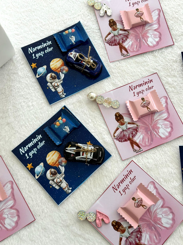 Ballerina & Astronaut 1st Birthday Favor Cards with Gifts attached – Personalized Chocolate — Chocoodad Baku