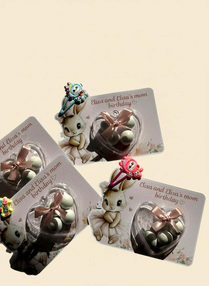 Bunny & Heart Birthday Favor Cards with Hair Clip Gifts attached – Personalized Chocolate — Chocoodad Baku