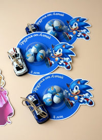 Sonic 4th Birthday Favor Cards with Gifts attached – Personalized Ozmo egg Chocolate — Chocoodad Baku