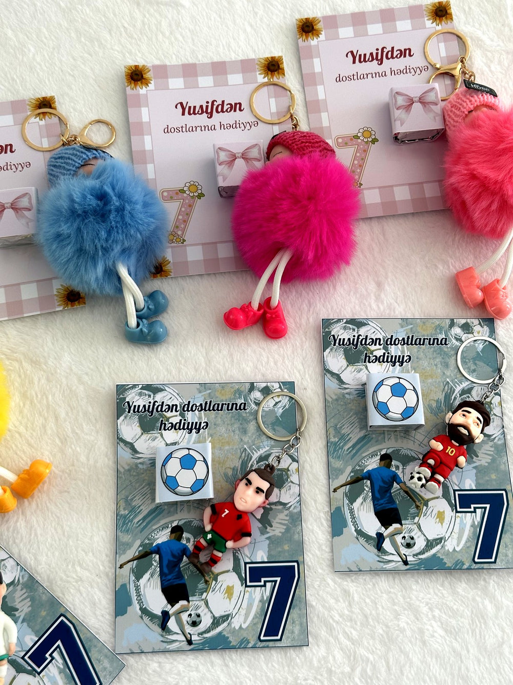 Football & Pom Pom 7th Birthday Favor Cards with Gifts attached – Personalized Chocolate — Chocoodad Baku