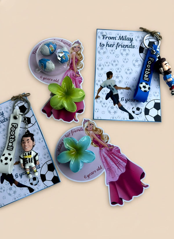 Princess Barbie & Football Birthday Favor Cards with Gifts attached — Chocoodad Baku