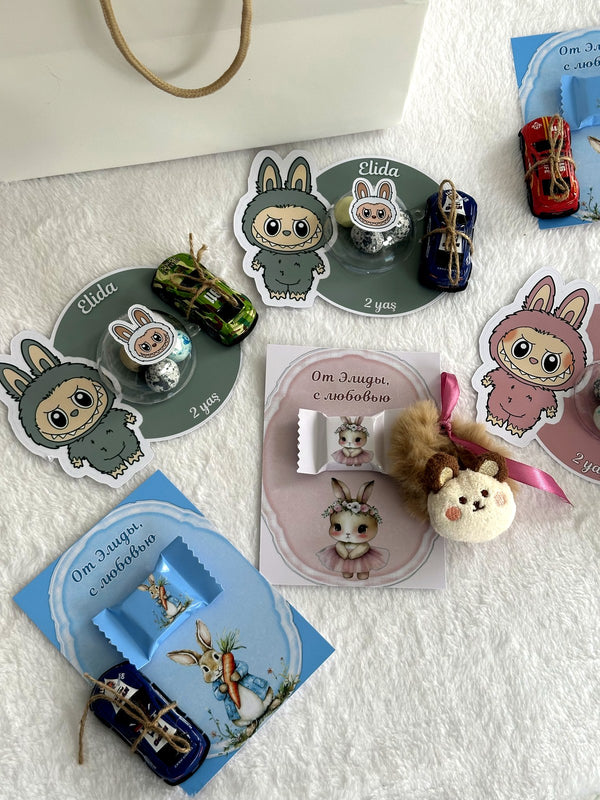 Bunny 2nd Birthday Favor Cards with Gifts attached – Personalized Chocolate — Chocoodad Baku