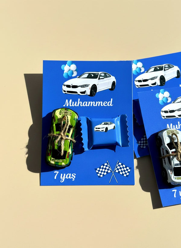 Race Car & BMW designed 7th Birthday Favor Cards with Gifts attached — Chocoodad Baku