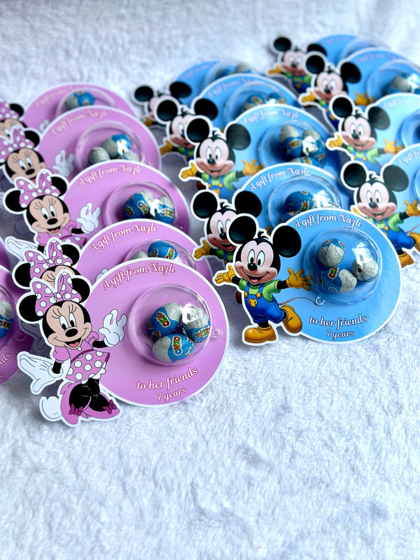 Mickey & Minnie Mouse Birthday Favor Cards with Ozmo chocolate egg — Chocoodad Baku