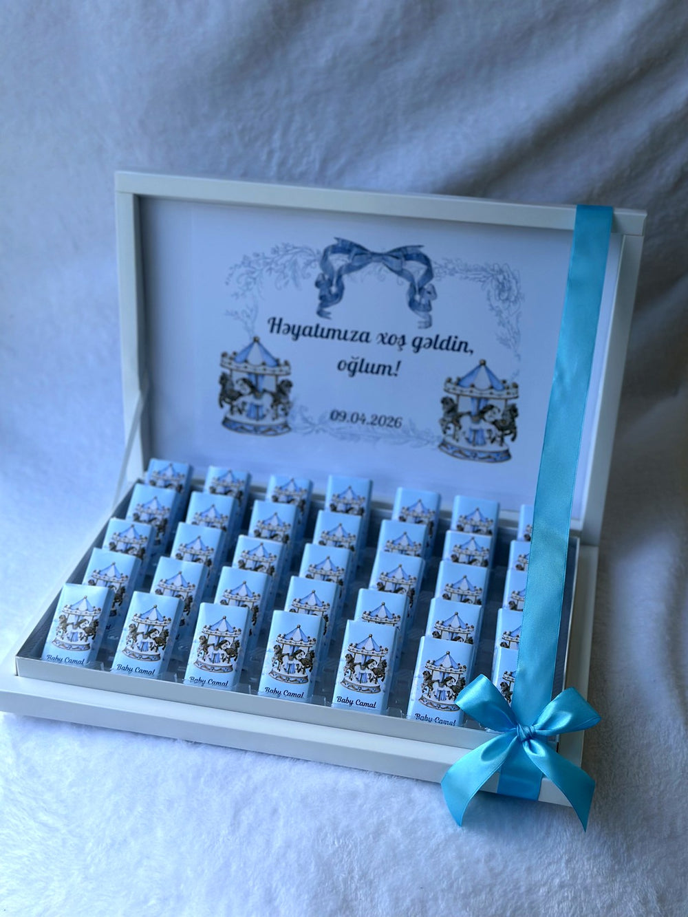 Carousel theme Welcome Baby Boy (35 Chocolates in Box) – Personalized Chocolate — Chocoodad Baku