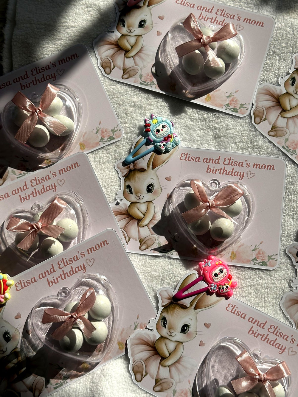 Bunny & Heart Birthday Favor Cards with Hair Clip Gifts attached – Personalized Chocolate — Chocoodad Baku