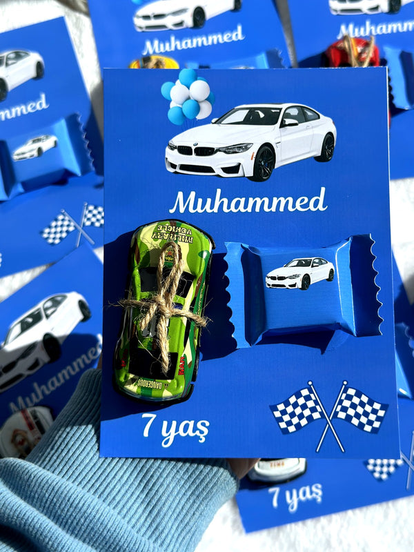 Race Car & BMW designed 7th Birthday Favor Cards with Gifts attached — Chocoodad Baku
