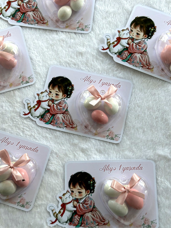 Cat & Heart 1st Birthday Favor Cards – Personalized Chocolate — Chocoodad Baku