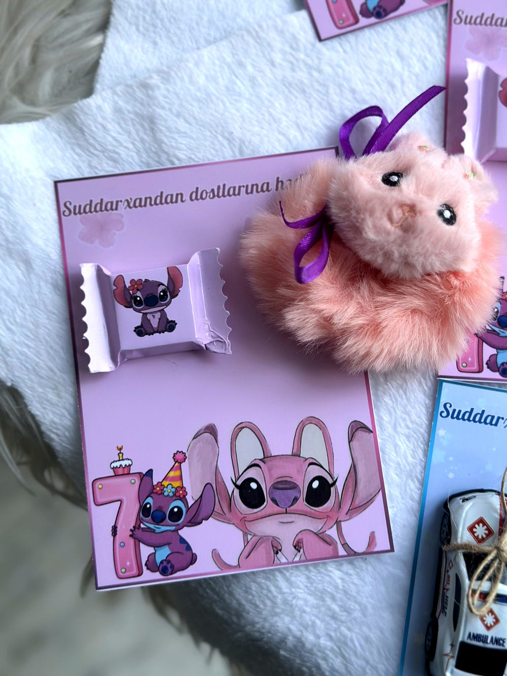Lilo & Stitch School Party Favor Cards with Gifts attached — Chocoodad Baku