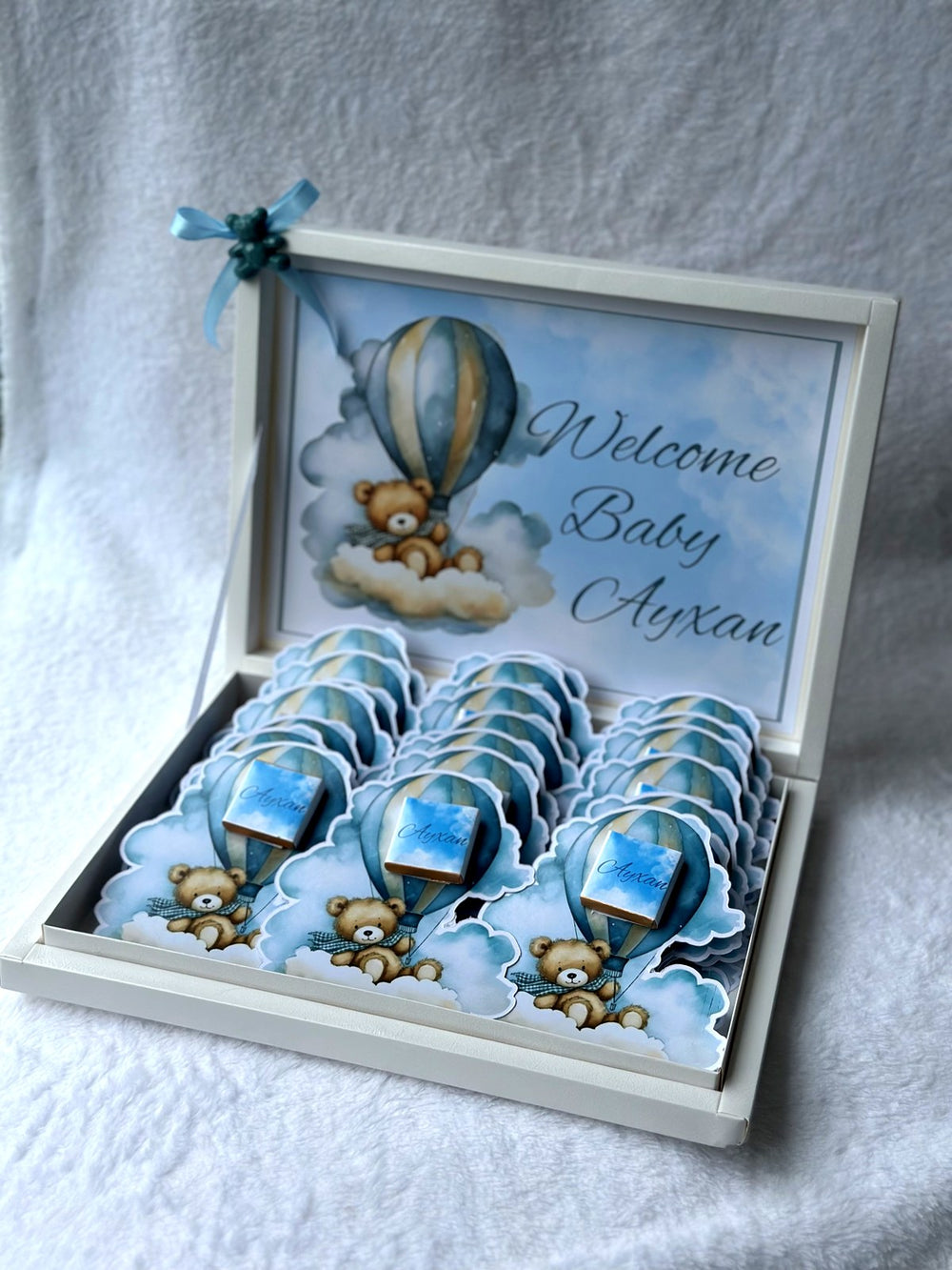 Teddy Bear & Hot Air Balloon Baby Welcome 24 Chocolate Cards & Box – Personalized Chocolate — Chocoodad Baku