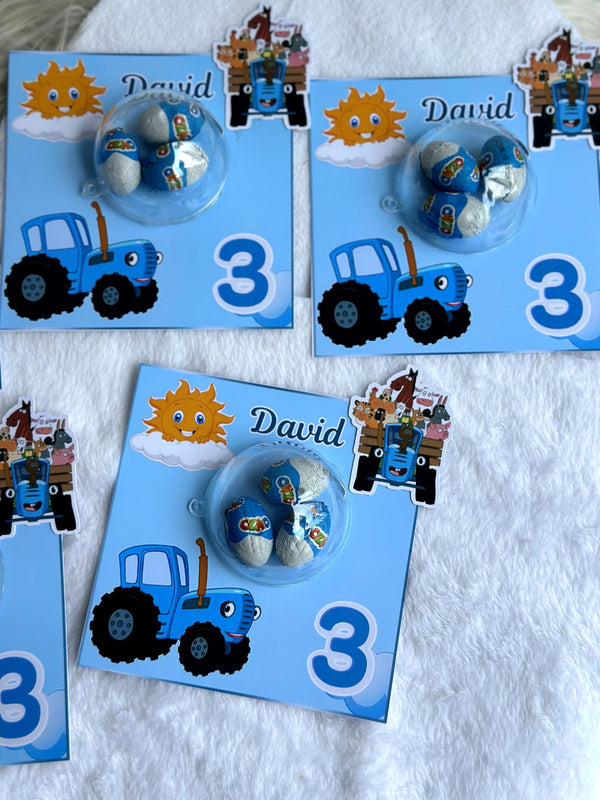 Blue Tractor Birthday Favor Cards – Ozmo egg Chocolates — Chocoodad Baku