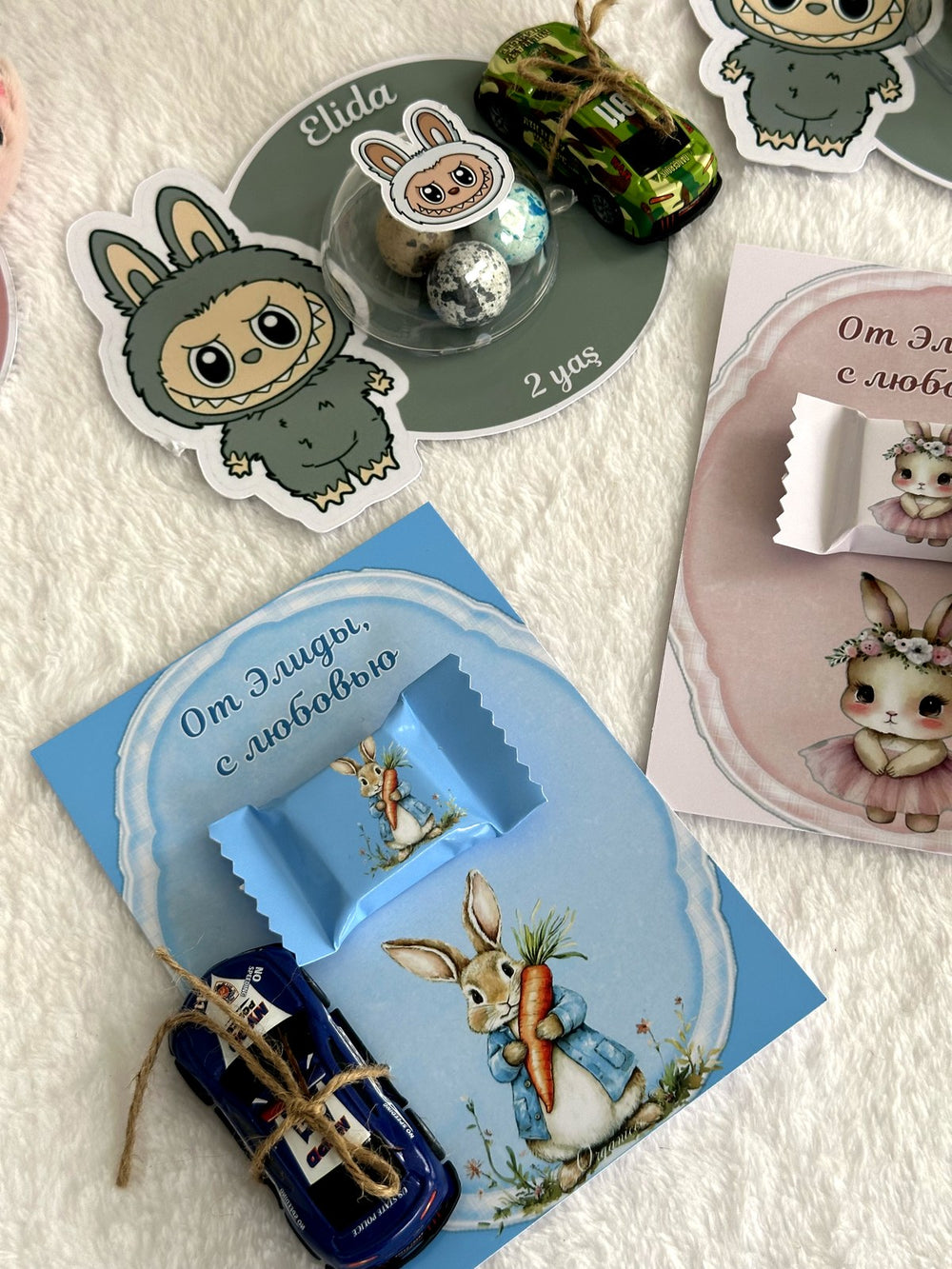 Bunny 2nd Birthday Favor Cards with Gifts attached – Personalized Chocolate — Chocoodad Baku