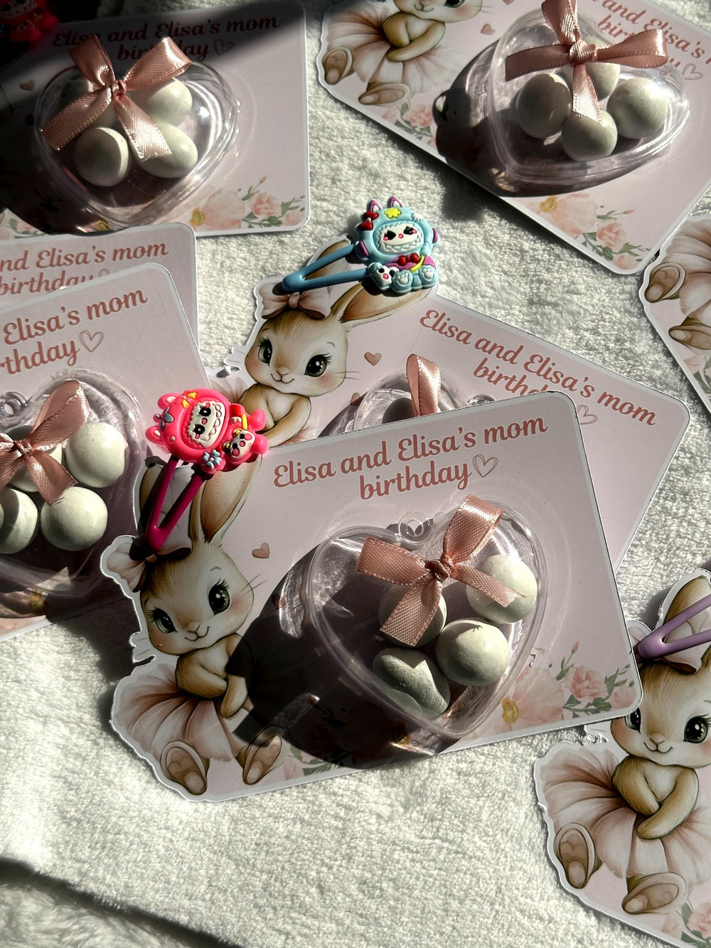 Bunny & Heart Birthday Favor Cards with Hair Clip Gifts attached – Personalized Chocolate — Chocoodad Baku