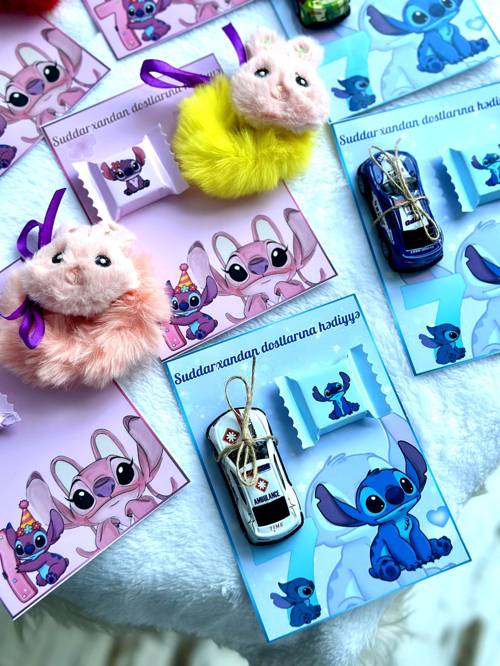 Lilo & Stitch School Party Favor Cards with Gifts attached — Chocoodad Baku