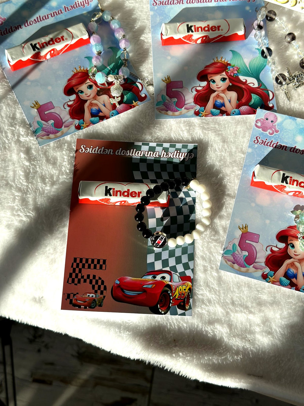 Lightning McQueen & Ariel 5th Birthday Favor Cards with Gifts attached – Kinder Chocolate — Chocoodad Baku
