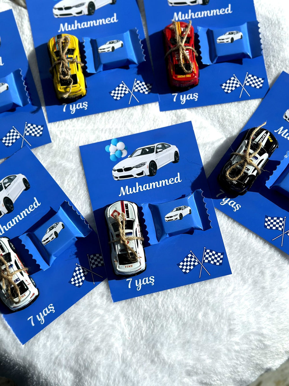 Race Car & BMW designed 7th Birthday Favor Cards with Gifts attached — Chocoodad Baku