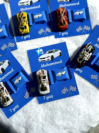 Race Car & BMW designed 7th Birthday Favor Cards with Gifts attached — Chocoodad Baku