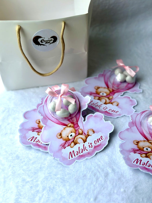 Teddy Bear & Hot Air Balloon 1st Birthday Favor Cards – Personalized Chocolate — Chocoodad Baku