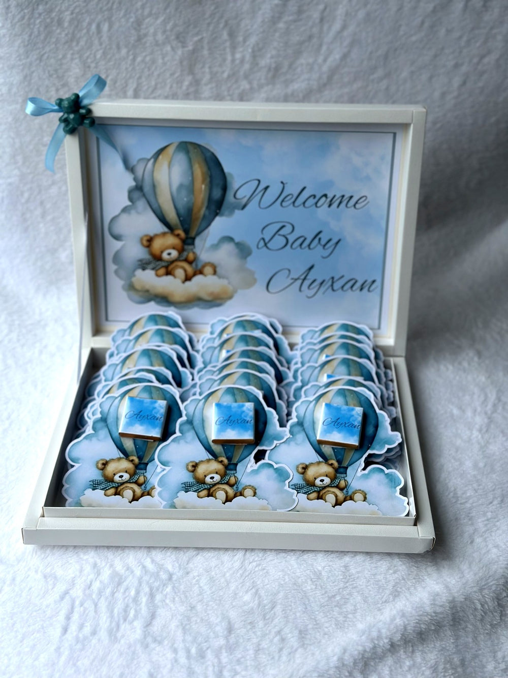 Teddy Bear & Hot Air Balloon Baby Welcome 24 Chocolate Cards & Box – Personalized Chocolate — Chocoodad Baku