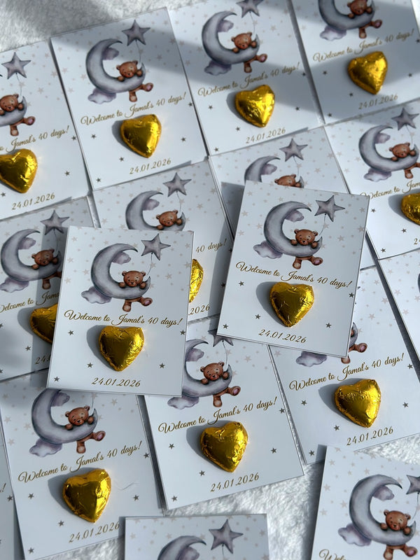 Teddy Bear 40-Day Baby Favor Cards – Personalized Chocolate — Chocoodad Baku