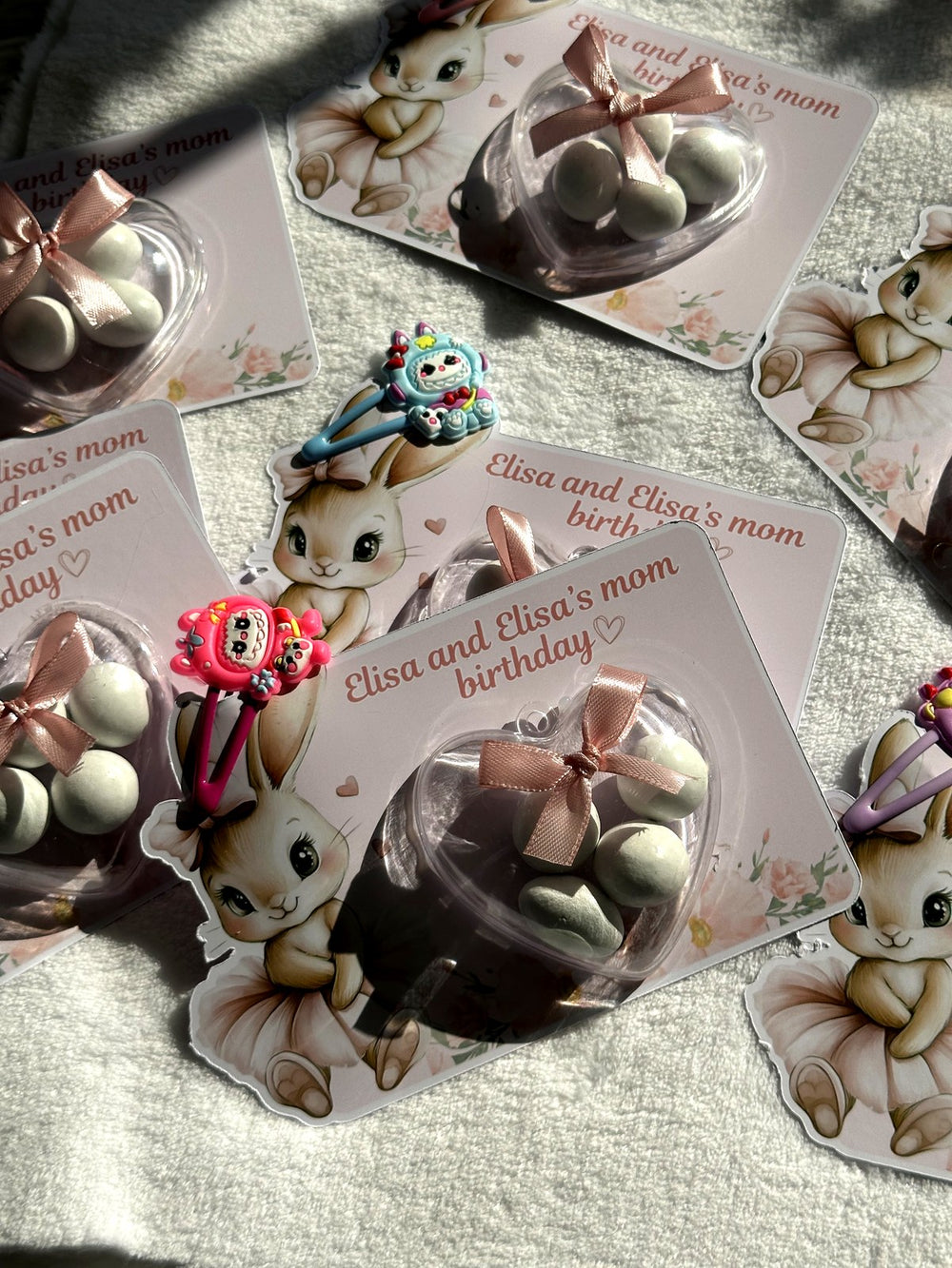Bunny & Heart Birthday Favor Cards with Hair Clip Gifts attached – Personalized Chocolate — Chocoodad Baku