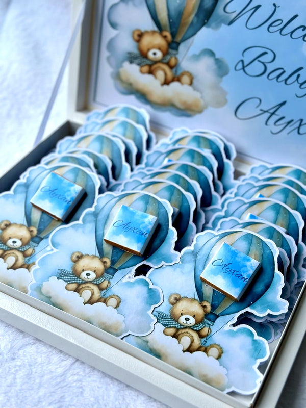 Teddy Bear & Hot Air Balloon Baby Welcome 24 Chocolate Cards & Box – Personalized Chocolate — Chocoodad Baku