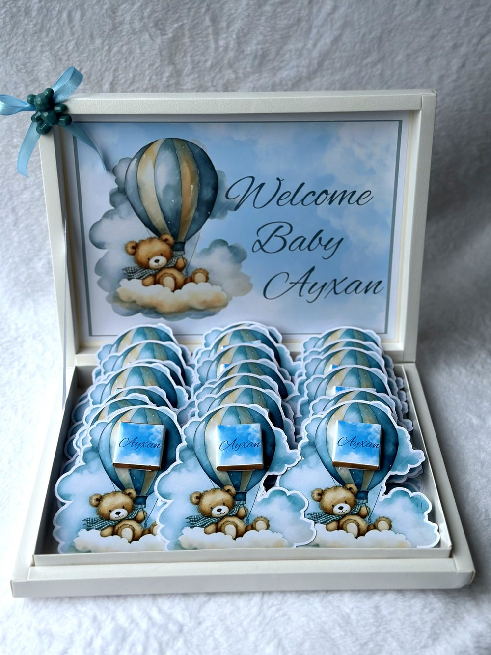 Teddy Bear & Hot Air Balloon Baby Welcome 24 Chocolate Cards & Box – Personalized Chocolate — Chocoodad Baku