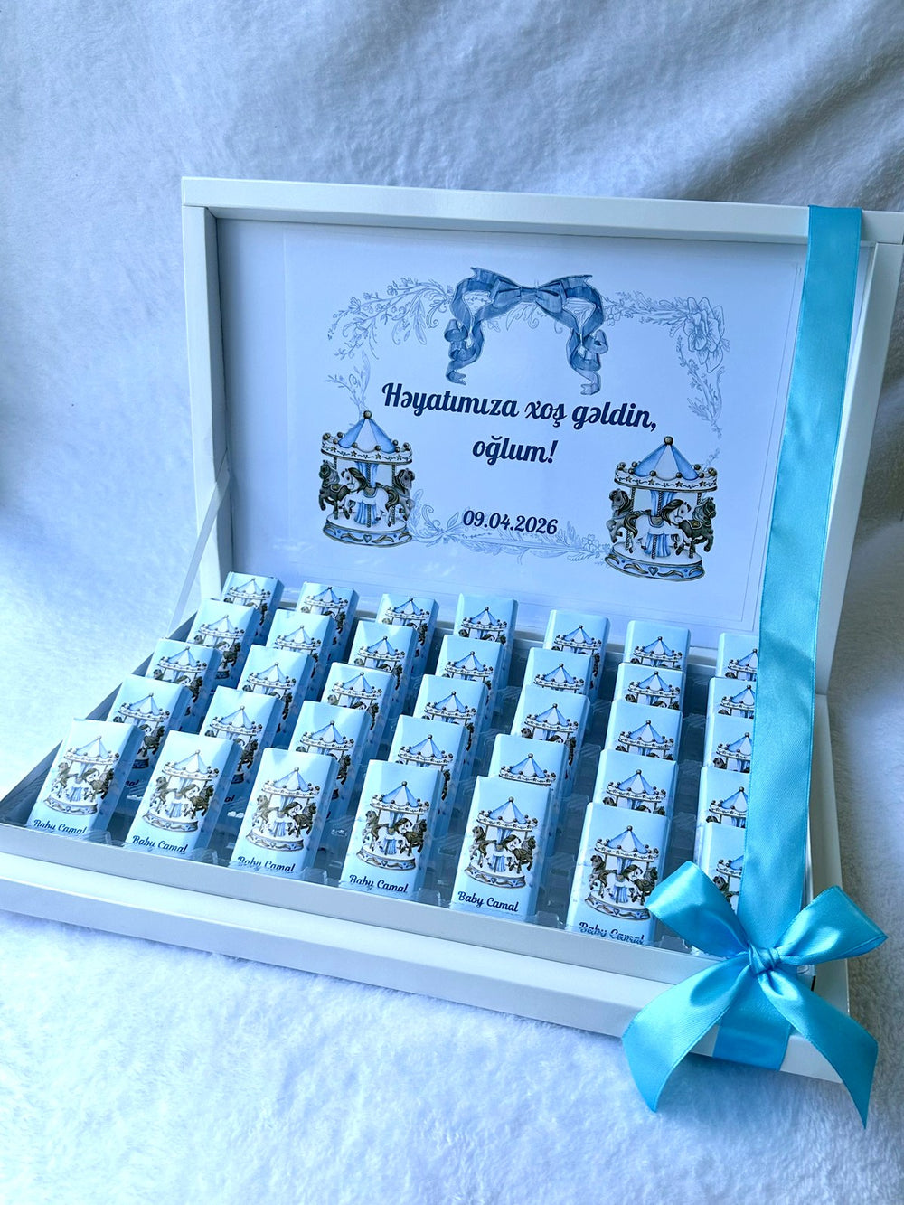 Carousel theme Welcome Baby Boy (35 Chocolates in Box) – Personalized Chocolate — Chocoodad Baku