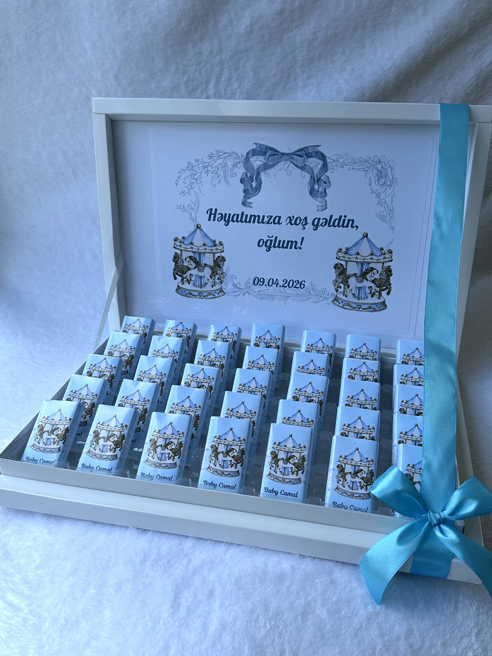 Carousel theme Welcome Baby Boy (35 Chocolates in Box) – Personalized Chocolate — Chocoodad Baku