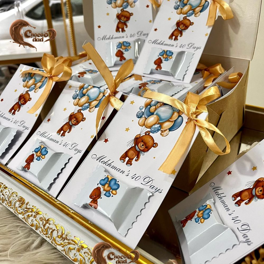 Custom Teddy Bear Chocolate Cards for Baby Boy’s First 40 Days